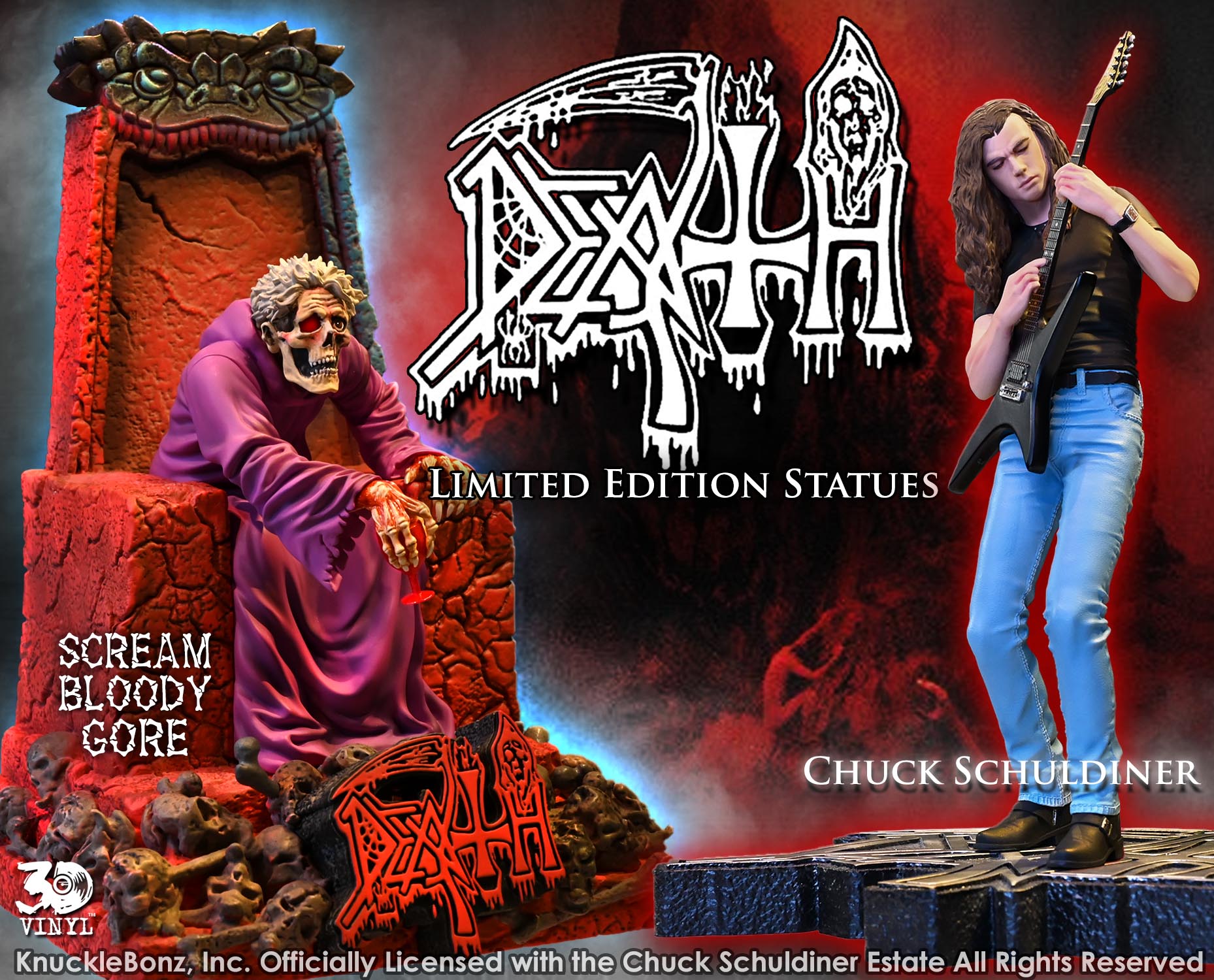 KnuckleBonz ® announces new Death Collectible Statues featuring Chuck Schuldiner and Scream Bloody Gore.